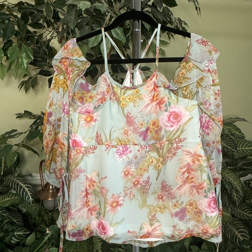 Pastel Floral Cold Shoulder Frilly Top
